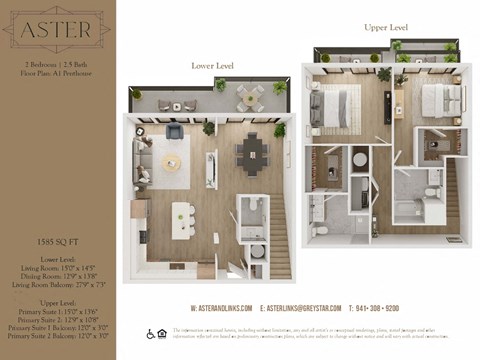Floor plan for 2 beds, 2.5 baths, 1585 sqft
